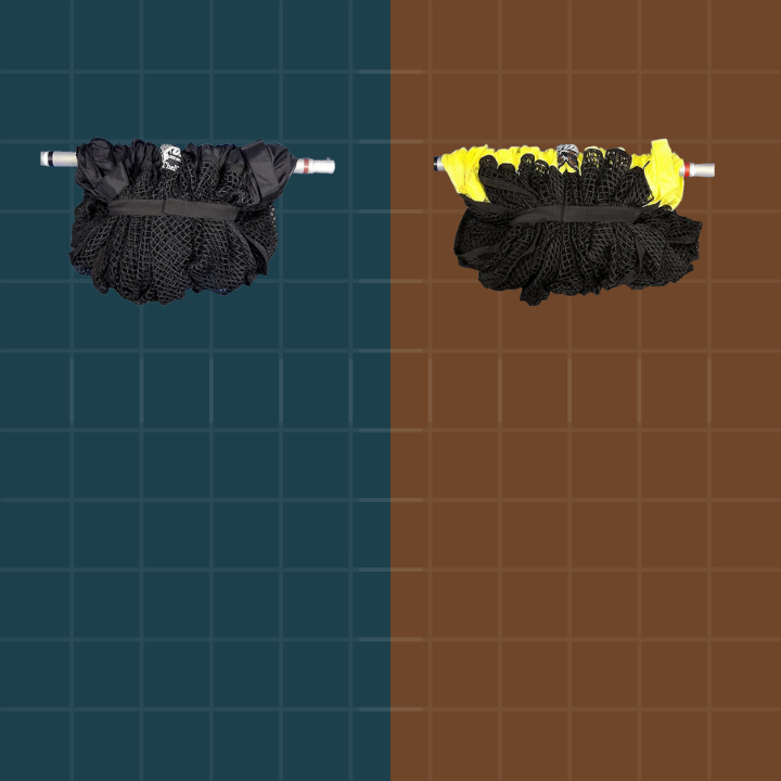 Two cleaning brushes with black bristles on a blue and brown grid background