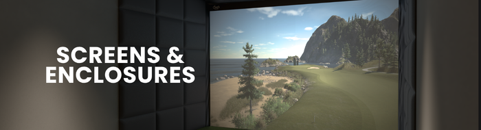 Outdoor scene with a screen displaying a scenic view of a beach and mountains, with text 'SCREENS & ENCLOSURES' on a dark background.