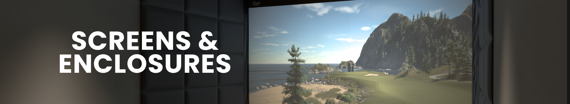 Screen or enclosure displaying a scenic view of a mountain and lake.