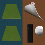 Green foam mats, a white golf ball, and a ruler on a brown grid background