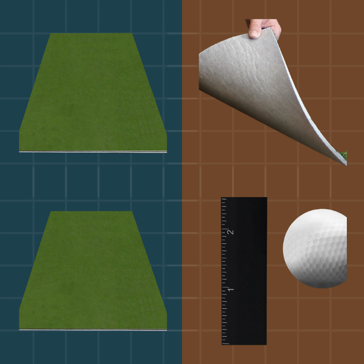 Green foam mats, a white golf ball, and a ruler on a brown grid background