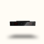 Black electronic device with red LED lights on a white background