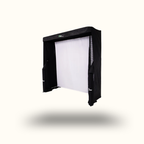Black rectangular light modifier with white interior on a white background
