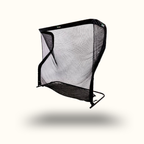 Black and white golf practice net on a white background