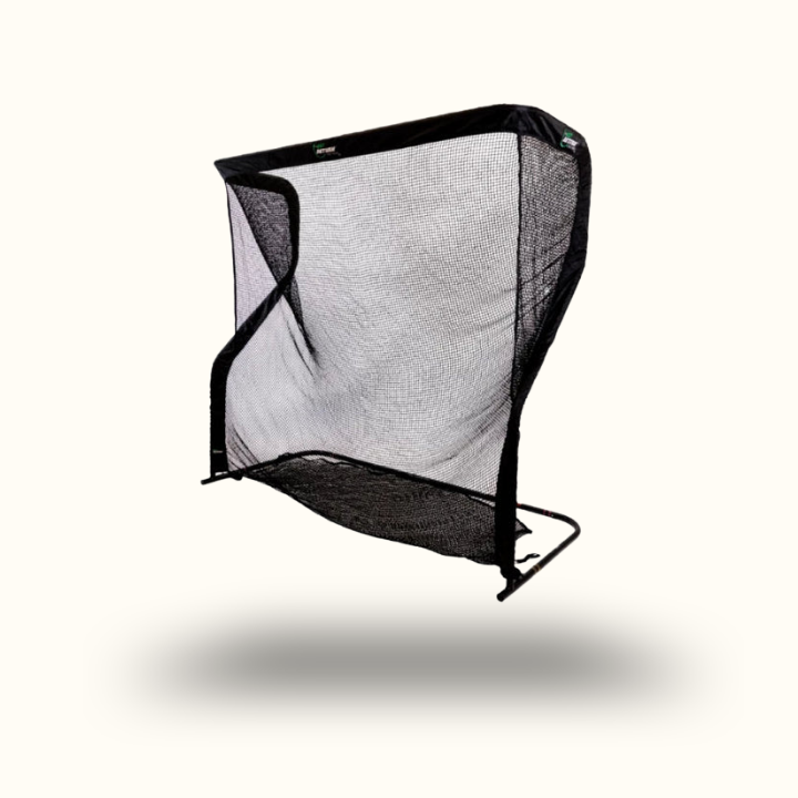 Black and white golf practice net on a white background