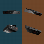 Four different views of a metallic device on a grid background