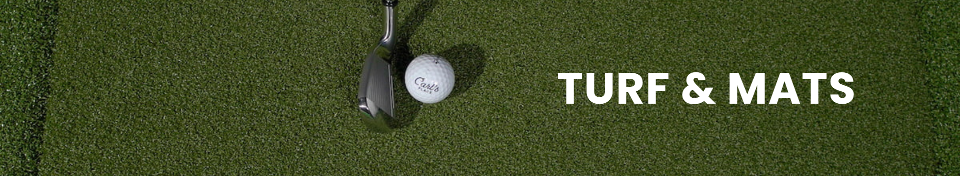 Golf ball and club on a green turf with 'Turf & Mats' text.