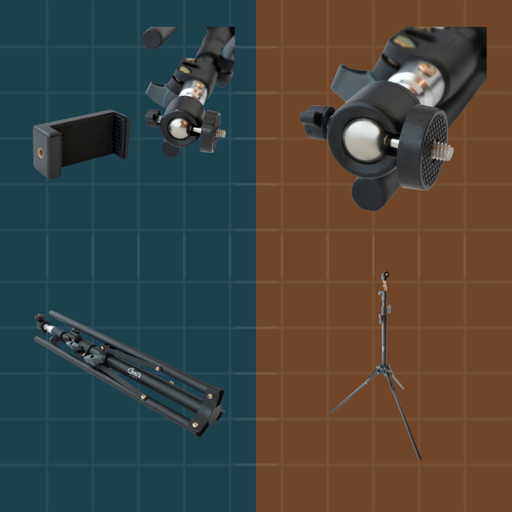 Collection of camera accessories including a tripod, stabilizer, and mount on a grid background.