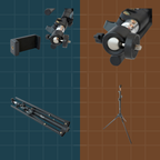 Collection of camera accessories including a tripod, stabilizer, and mount on a grid background.