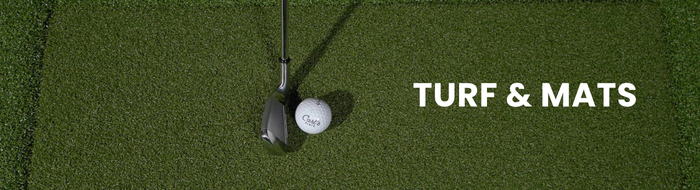 Golf ball and club on a green turf surface with 'Turf & Mats' text.