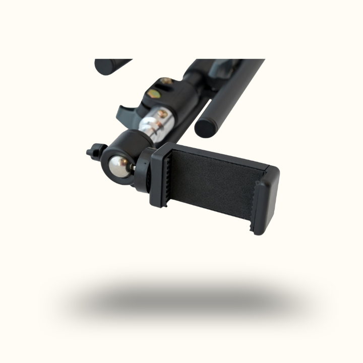 Black metal bracket with adjustable arm on a white background