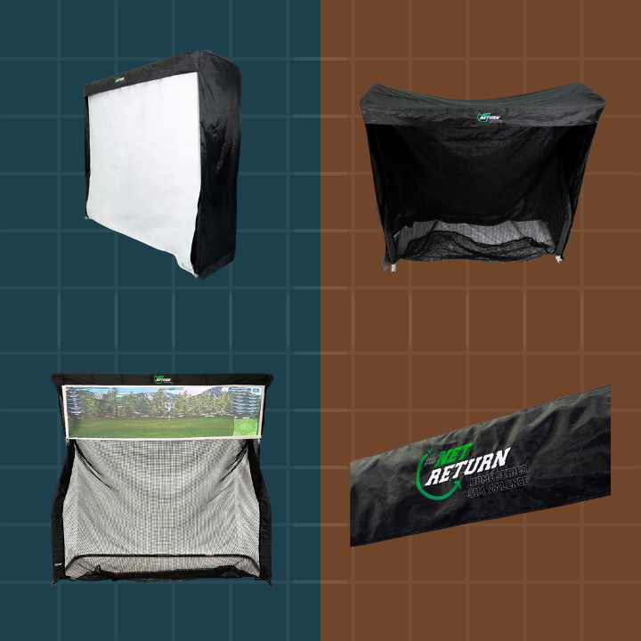 Golf practice net with different views on a grid background