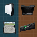 Golf practice net with different views on a grid background