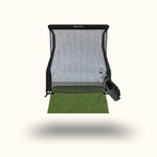 Portable golf practice net with grass mat on a white background