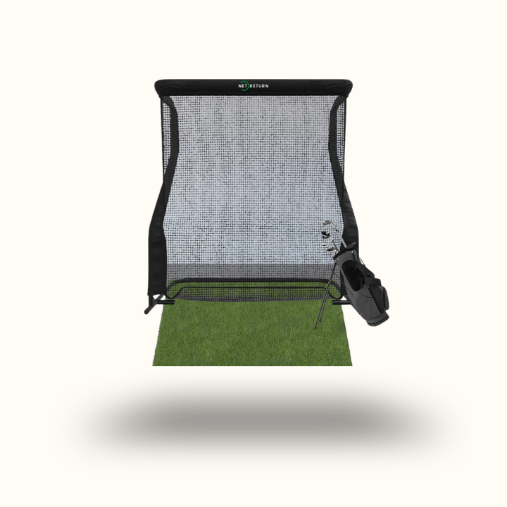Portable golf practice net with grass mat on a white background