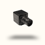 Black surveillance camera on a white background