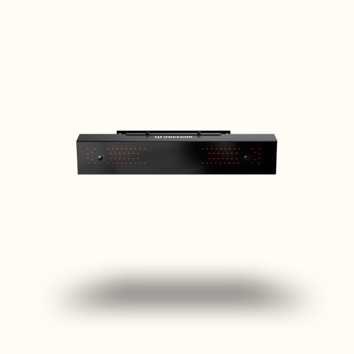 Black electronic device with red LED lights on a white background