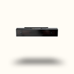 Black electronic device with red LED lights on a white background