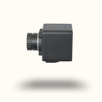 Black camera module on a white background