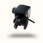 Black camera lens with mounting bracket on a white background