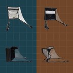 Four views of a black and gray tent-like structure on a grid background.