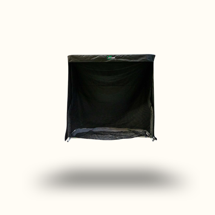 Black square-shaped product with a brand logo on a white background