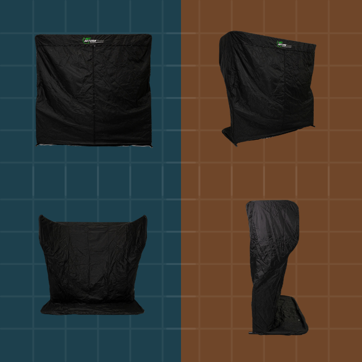 Black outdoor furniture cover on a grid background