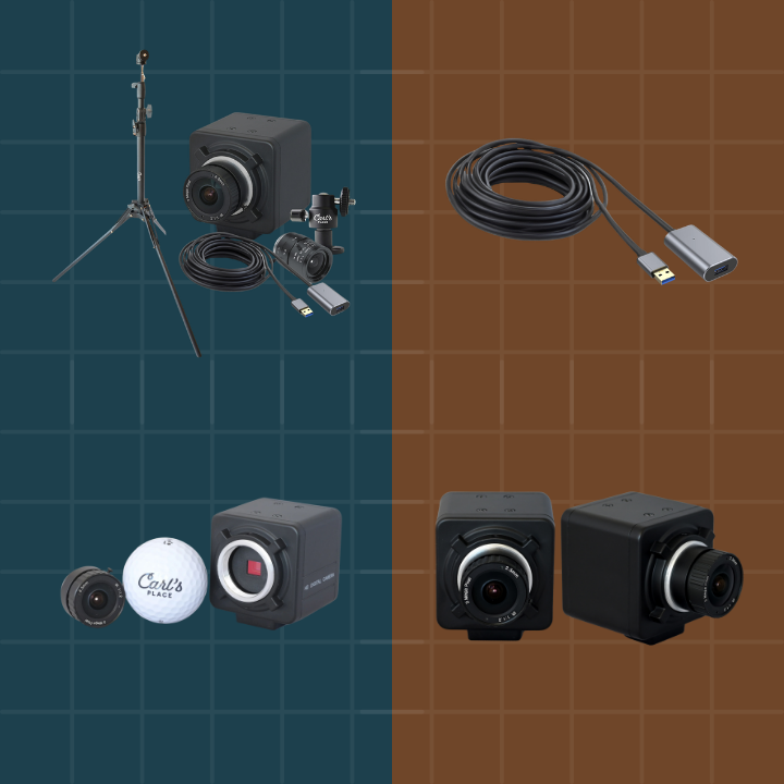 Collection of camera equipment including a camera, tripod, cables, and accessories on a grid background.