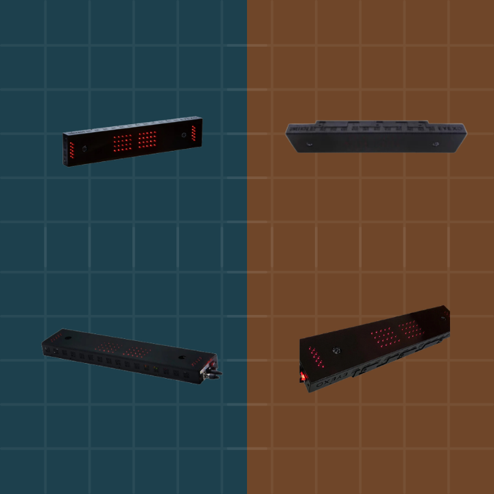 Four black rectangular electronic devices with red lights are displayed on a split teal and brown grid background, showing various angles.