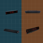Four black rectangular electronic devices with red lights are displayed on a split teal and brown grid background, showing various angles.