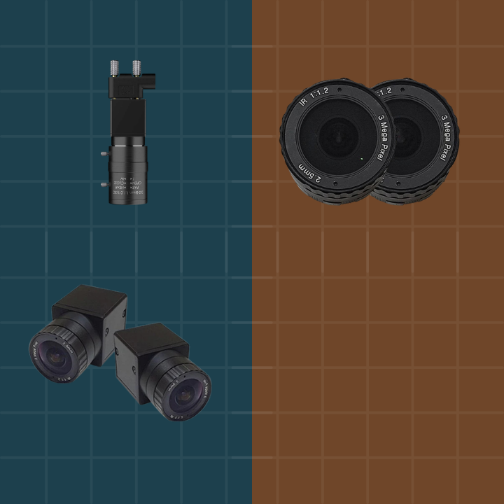 Set of camera lenses and components on a grid background