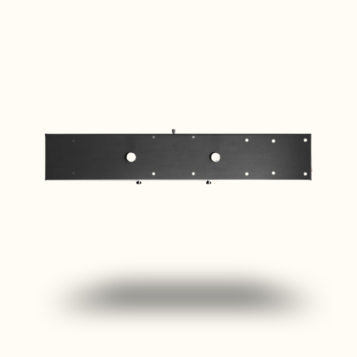 Black metal bracket with multiple holes on a white background