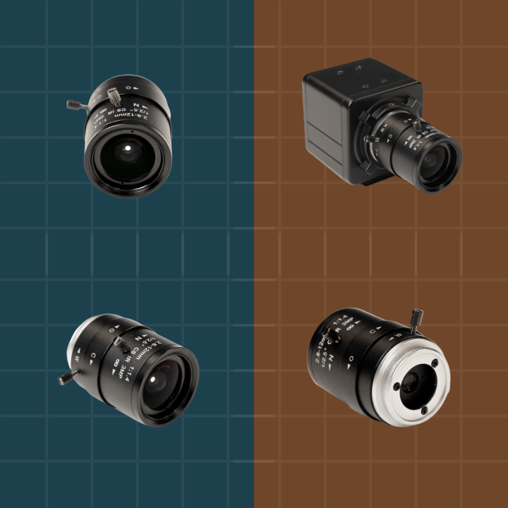 Four camera lenses on a grid background