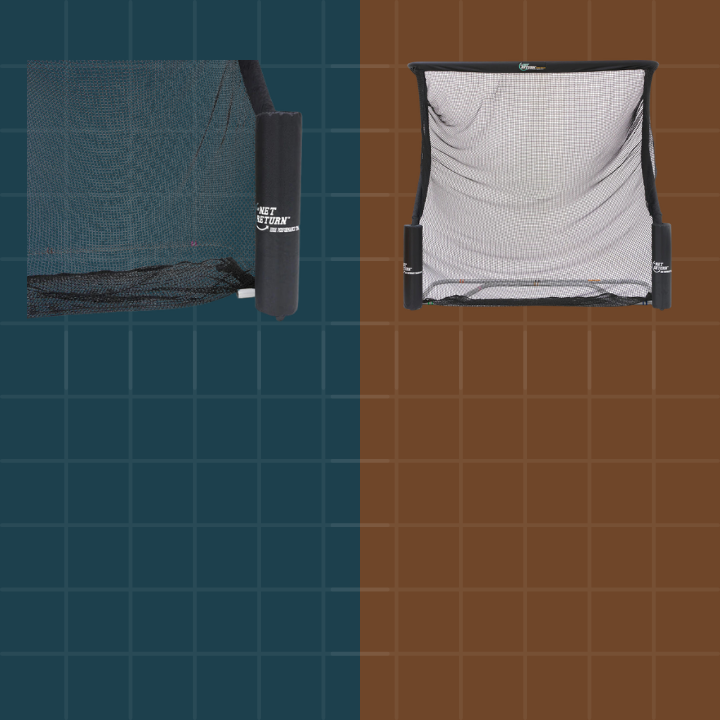 Two sports training nets on a grid background, one black and one with a white grid pattern.