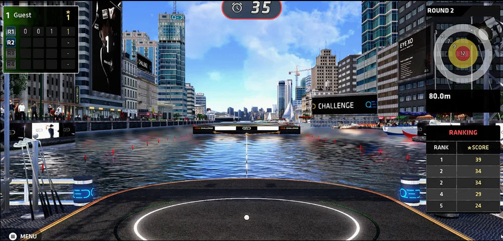 Ski jumping competition interface with city skyline and water in the background