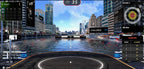 Ski jumping competition interface with city skyline and water in the background