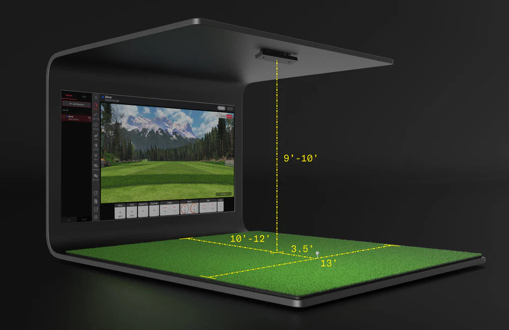 Laptop with a screen displaying a virtual golf course on a dark background
