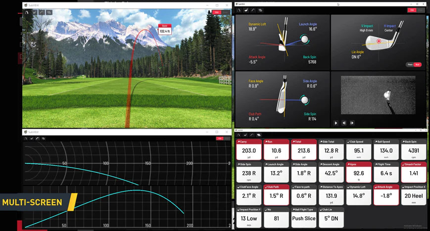 Golf simulator software with a golf course and equipment analysis on a screen.