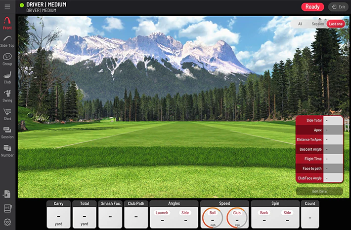 Golf simulator software interface with a golf course and mountain background
