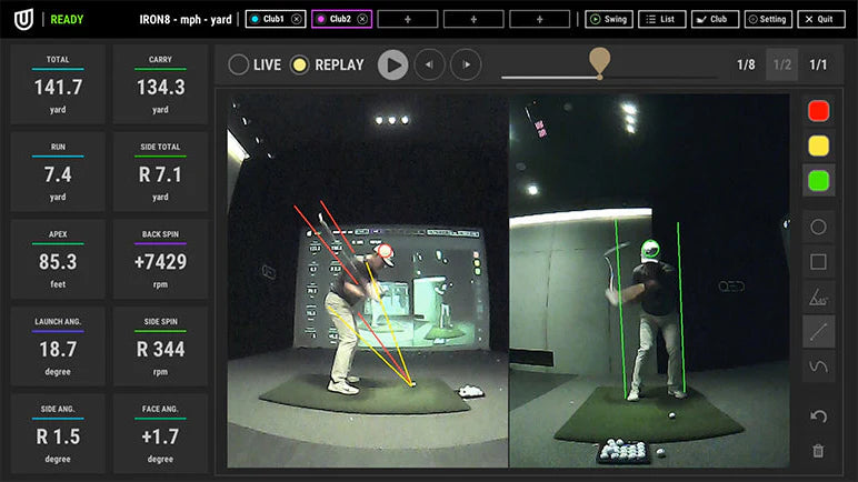 Golf simulator software interface with player on mat and screen displaying stats