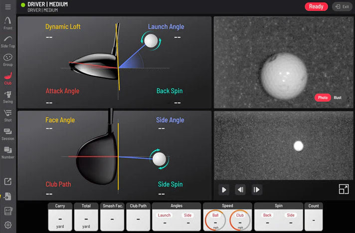 Golf ball launch angle and spin analysis software interface