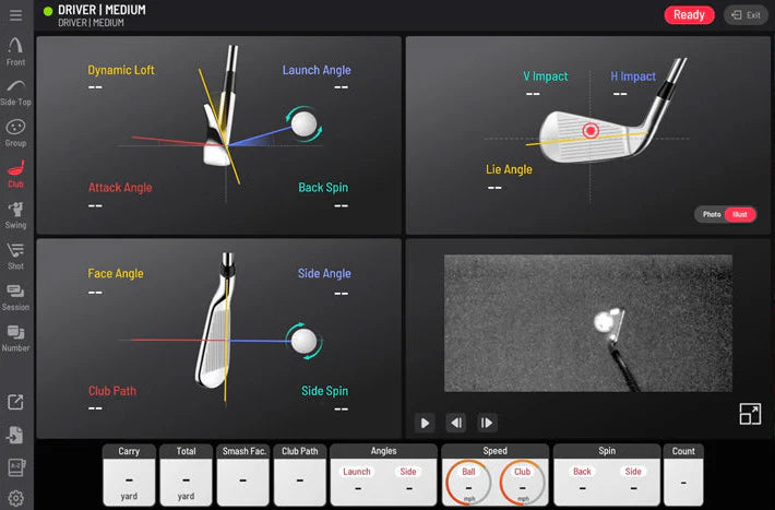 Golf swing analysis software interface with various golf club angles and measurements.