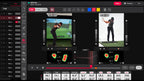 Golf swing analysis software interface with player images and data on a black background