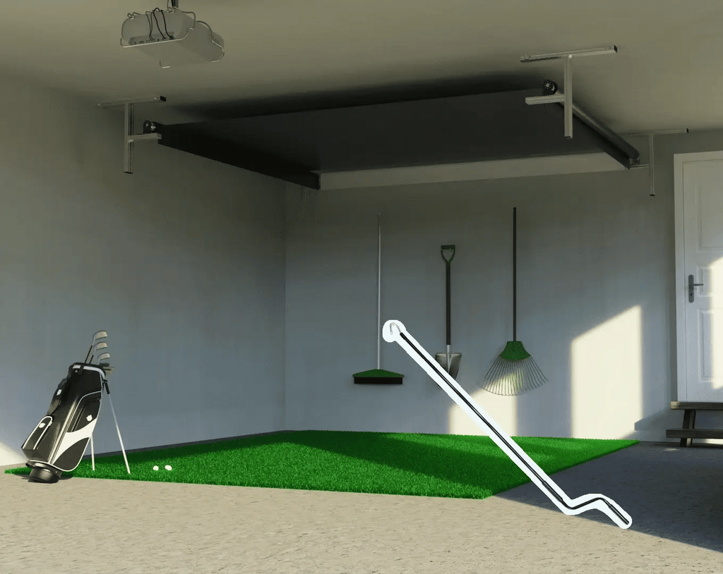 Indoor golf practice area with green turf and golf equipment in a garage.