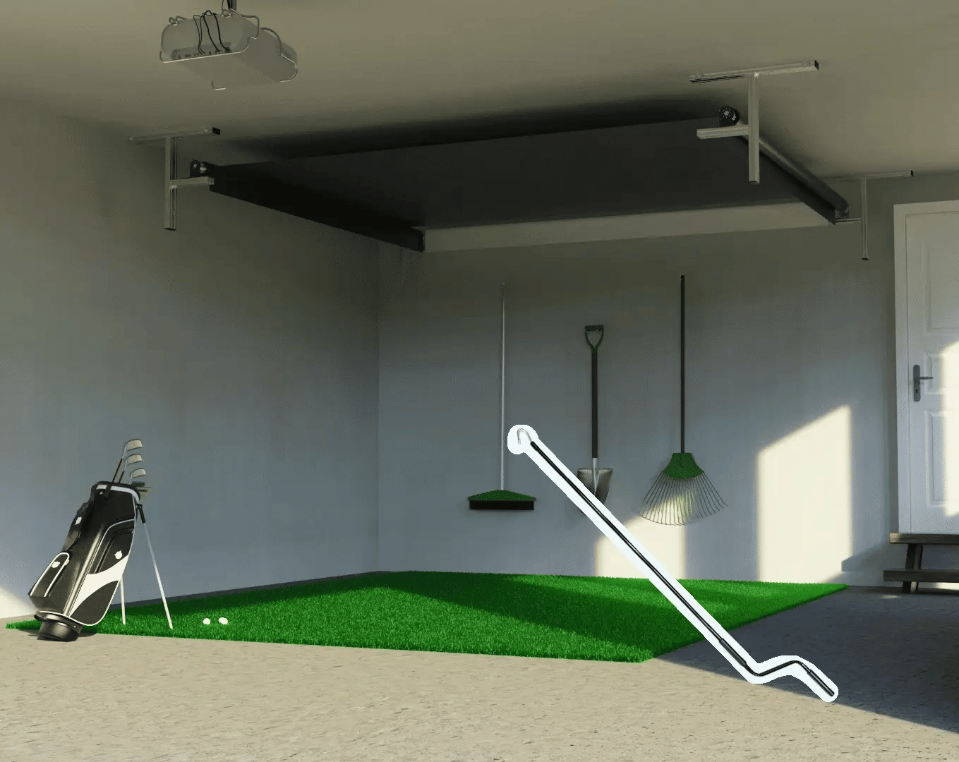 Indoor golf practice area with green turf and golf equipment in a garage.
