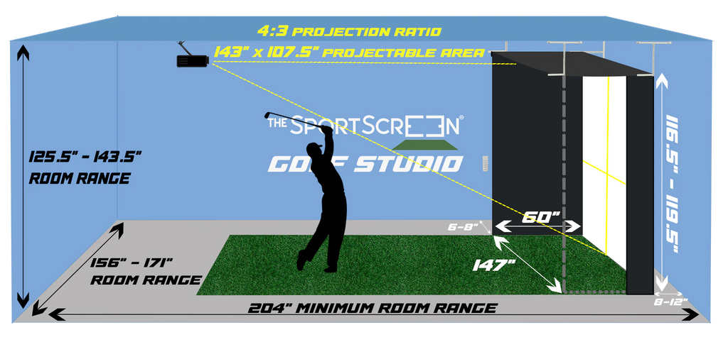 Golf studio setup with dimensions and features labeled