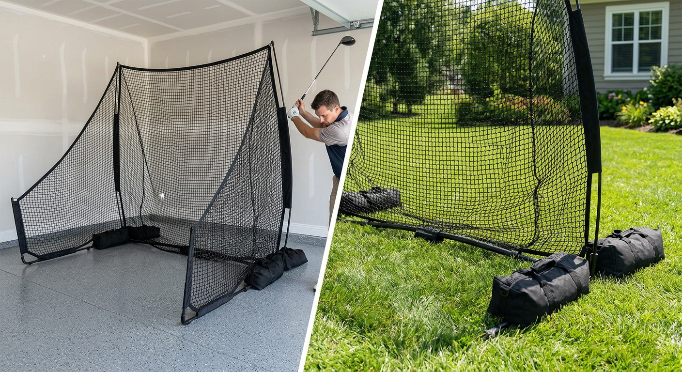 Golf practice net in a garage and outdoor setting.