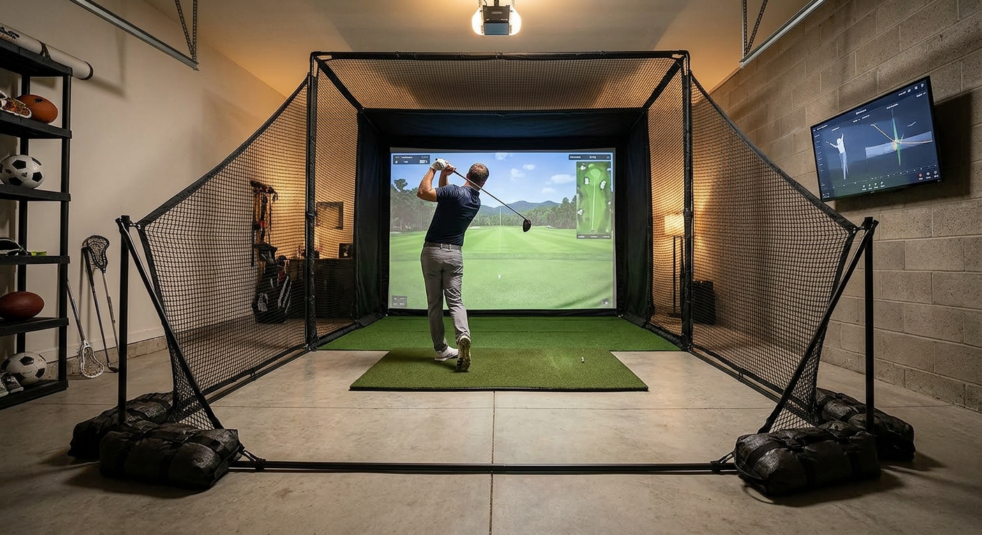 Indoor golf simulator setup with a person playing golf on a screen.